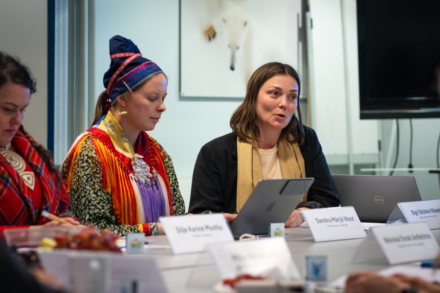 En gruppe personer sitter rundt et møtebord. To kvinner i fokus, hvor den ene i sort blazer snakker og har en bærbar PC foran seg, mens den andre har på seg samisk kofte. Navneskilt står foran deltakerne.