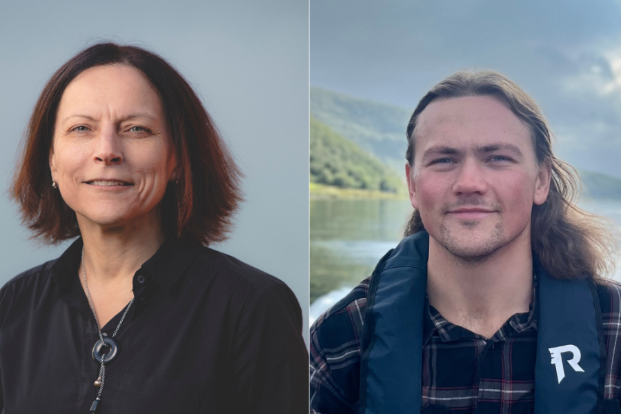 To portretter side om side: en kvinne i mørk skjorte foran nøytral bakgrunn, og en mann med langt hår og redningsvest ute ved sjøen.