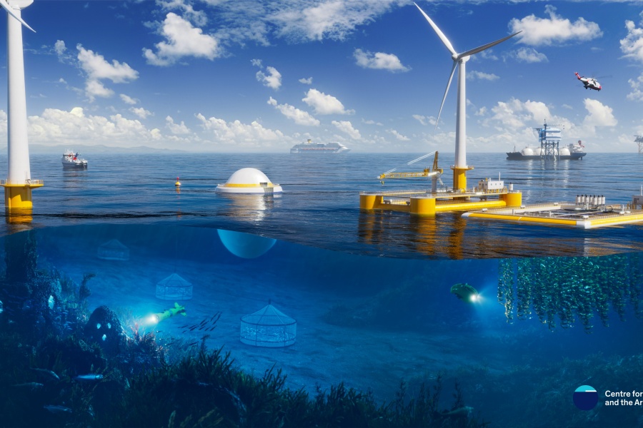 Illustrasjon av et havområde med flytende vindturbiner, skip, plattformer og undervannsaktivitet. Over vannet sees offshore vindkraft, fartøy, helikopter og energiplattformer. Under vann er det marint liv med fisk, oppdrettsbur, undervannsdroner og sjøplanter. Bildet viser samspillet mellom fornybar energi, havbruk og marin teknologi.