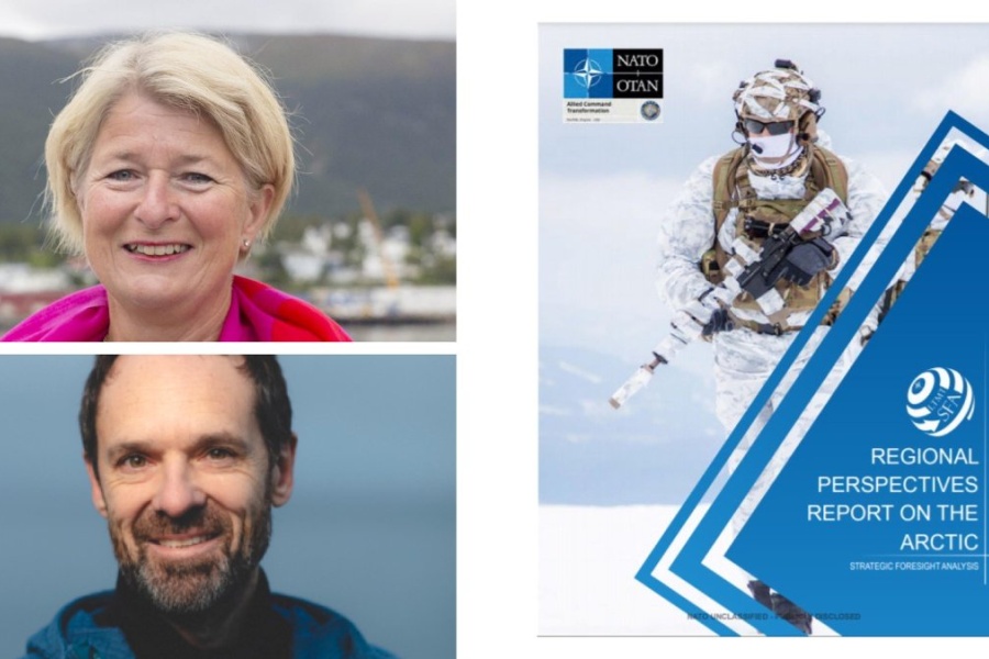 Kollasj med to portretter og en rapportforside: en kvinne som smiler, en mann med skjegg, og en NATO-rapport med bilde av en soldat i vinteruniform.