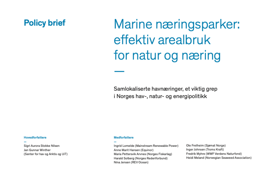 Forside til policy brief med tittelen «Marine næringsparker: effektiv arealbruk for natur og næring», med undertittelen «Samlokaliserte havnæringer, et viktig grep i Norges hav-, natur- og energipolitikk