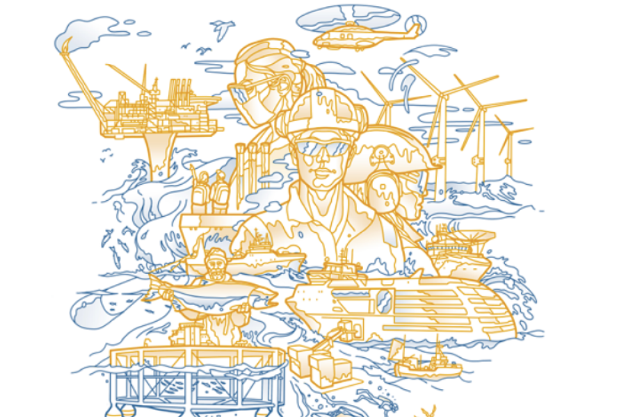 Stilisert linjetegning i blått og gult som viser ulike havnæringer. Motivet inkluderer arbeidere med verneutstyr, offshore oljeplattform, vindturbiner til havs, skip, helikopter, oppdrettsanlegg, fisk, dykkere og undervannsteknologi. Bildet symboliserer mangfoldet av aktivitet og teknologi knyttet til havet.