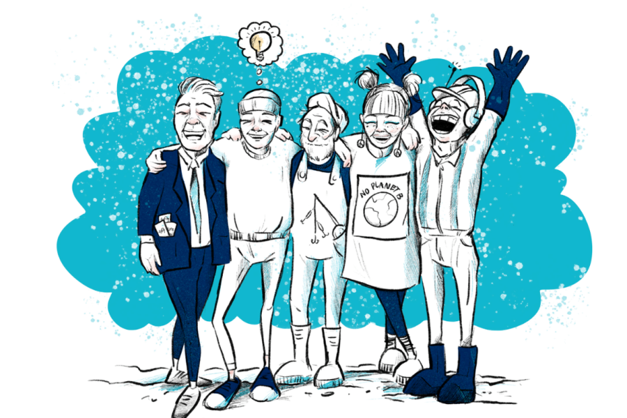 Tegning av fem personer som står sammen med armene rundt hverandre. De representerer ulike roller: en person i dress, en idrettsutøver, en fisker, en aktivist med t-skjorten 'No Planet B', og en ungdom med hodetelefoner. Alle smiler og viser samhold, med en lyspære i en tankeboble over hodene som symboliserer en felles idé.