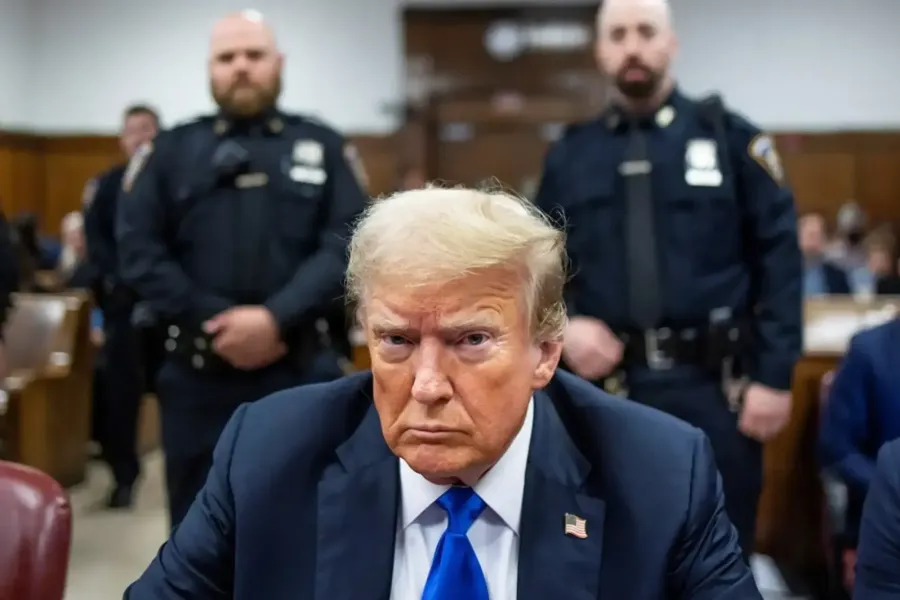 En mann i dress sitter foran i en rettssal, med politibetjenter stående bak seg.