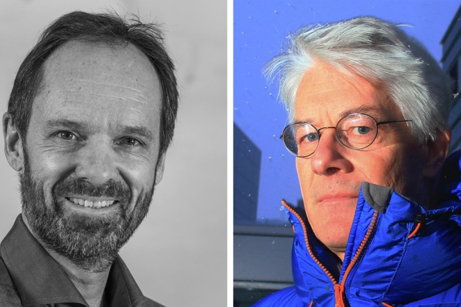 To portretter side om side: en mann med skjorte som smiler, og en mann med briller og blå jakke utendørs.