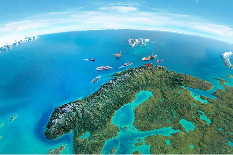 Illustrasjon av Nordkalotten og Arktis sett fra verdensrommet. I havområdene utenfor Norge og Svalbard sees skip, cruisefartøy, oljeplattformer og helikoptre, omgitt av blått hav og iskanter i nord.