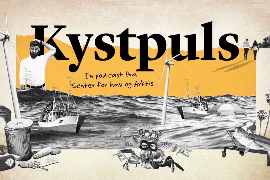 "Illustrasjon for podkasten Kystpuls fra Senter for hav og Arktis. Bildet viser fiskebåter på havet, vindmøller, penger, søppel og fisk – symboler på både utfordringer og muligheter i havnæringene. Midt i bildet står tittelen 'Kystpuls' i stor skrift.