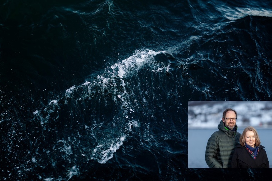 Mørke havbølger med hvitt skum, med et lite innfelt bilde nederst til høyre av en mann i grønn jakke og en kvinne i mørk kåpe som står foran sjø og snødekte fjell.