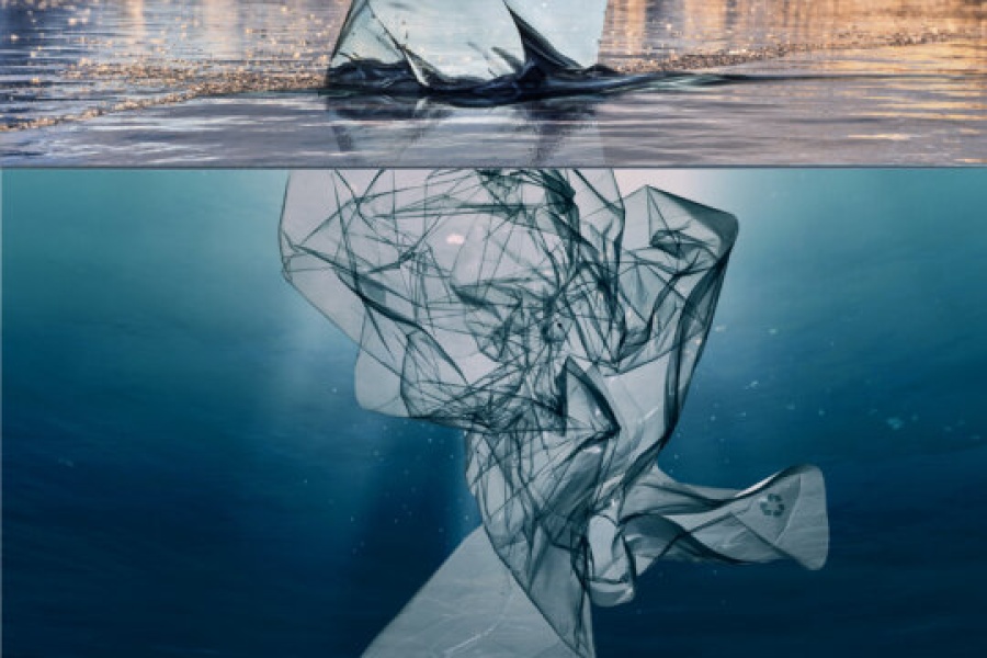 Et bilde delt i to deler som viser en plastpose i havet. Øverst flyter posen på vannoverflaten med refleksjoner fra sollys, mens den nederste delen viser hvordan posen ser ut under vann – krøllet og gjennomsiktig som en manet i det blå havet.