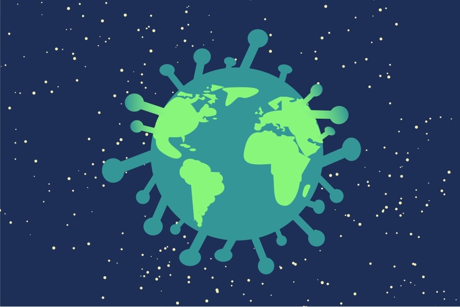 Illustrasjon av jordkloden fremstilt som et koronavirus, med verdens kontinenter synlige og omgitt av viruspigger mot en mørk stjernehimmel.