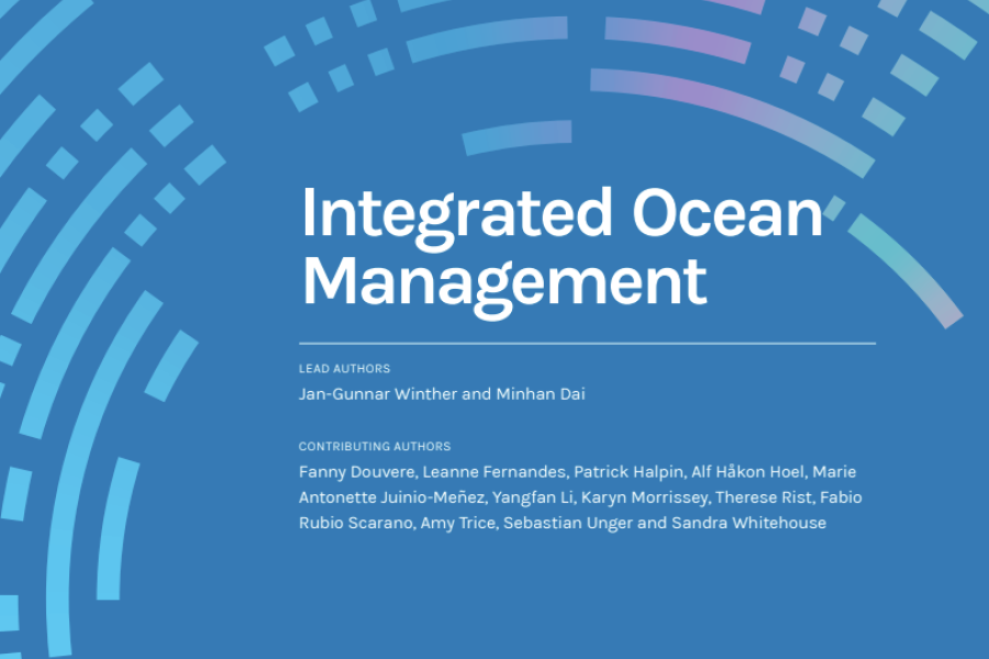 Forsideillustrasjon til rapporten Integrated Ocean Management, med blå bakgrunn og navn på hovedforfattere og bidragsytere.