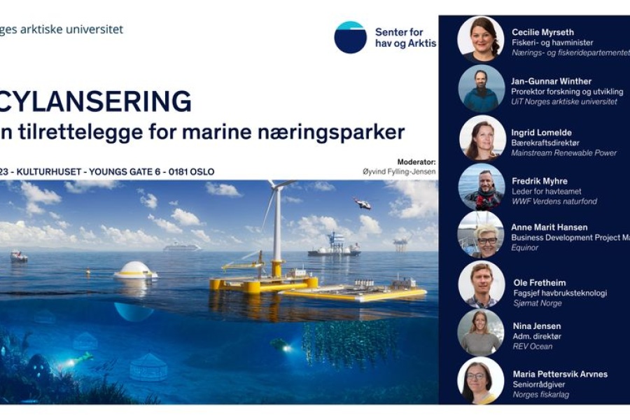 Plakat for policylansering 31. oktober 2023 i Oslo: 'Hvordan tilrettelegge for marine næringsparker', arrangert av Senter for hav og Arktis ved UiT. Bildet viser illustrasjon av havvind og havbruk til havs, samt portretter av innledere, inkludert fiskeri- og havminister Cecilie Myrseth