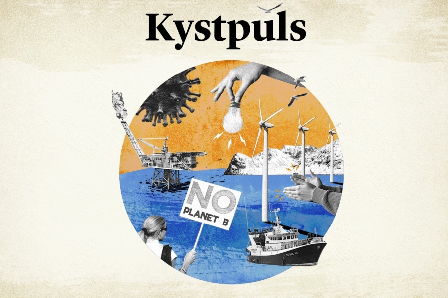 Illustrasjon for podkasten Kystpuls med elementer fra hav og samfunn: en fiskebåt, oljeplattform, vindmøller, fjell, demonstrant med plakaten 'No Planet B', en lyspære og koronacelle. Grafisk collage i blått og oransje.