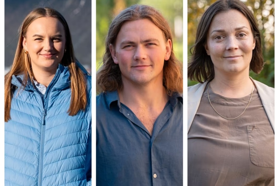 Tre personer står portrettert i hver sin ramme, fotografert utendørs i naturlig lys, med nøytrale ansiktsuttrykk og ulike bakgrunner av natur og vegetasjon.