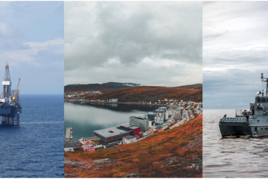 «Montasje med tre bilder: en offshore oljeplattform til havs, en kystby ved sjøen og et militært fartøy som seiler på åpent hav.