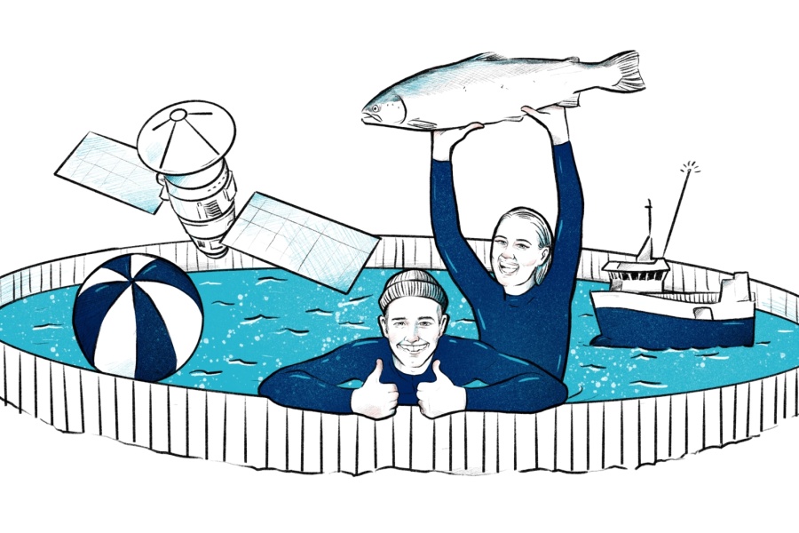 Tegning av to personer i en stor vannfylt innhegning. Den ene holder en stor fisk over hodet, mens den andre viser tommel opp. I vannet flyter en badeball, en satellitt og et skip.