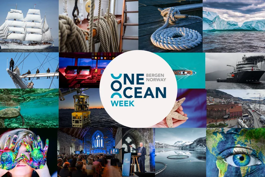Collage med hvit sirkel i midten som har blå tekst «ONE OCEAN WEEK Bergen Norway 2025», omgitt av maritime motiver som seilskip, tauverk og knuter, isbreer, undervannsliv og teknologisk utstyr, samt bilder av Bergen havn, festivalpublikum, fargerikt malte hender og et kunstnerisk jordklode-øyebilde.