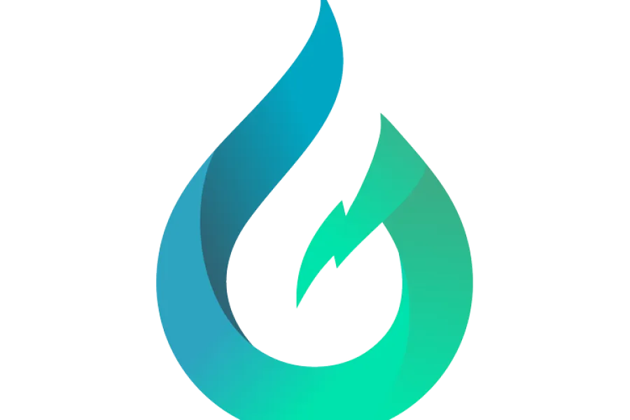 Abstrakt flamme-/dråpeform med to overlappende elementer: en ytre flamme i gradient fra mørk blå til turkis og en indre flamme i grønn til turkis med en liten rød aksent, mot hvit bakgrunn.