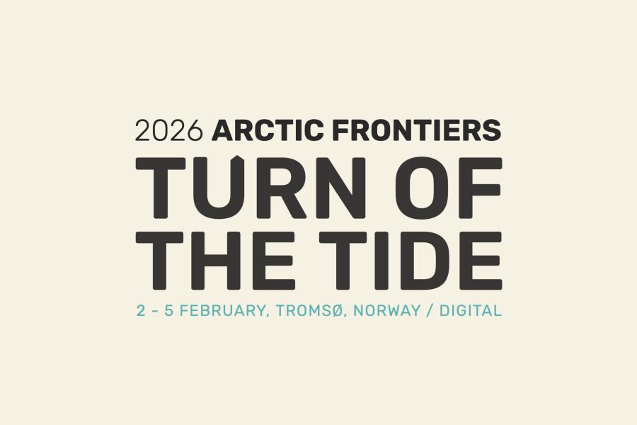Grafisk plakat med teksten «2026 Arctic Frontiers – Turn of the Tide» og datoen «2–5 February, Tromsø, Norway / Digital» på lys bakgrunn.