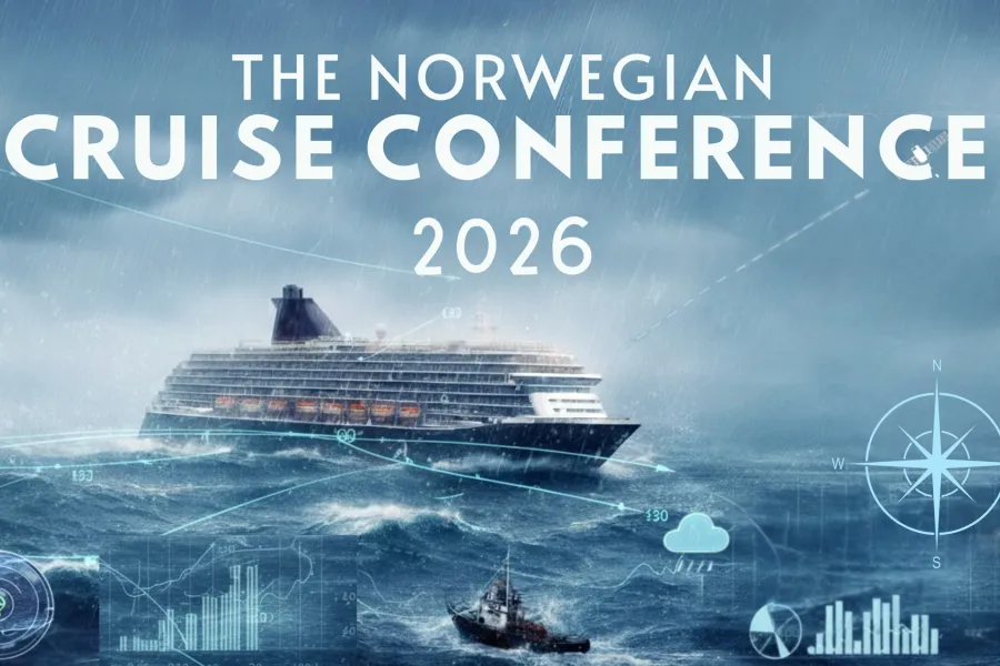 Banner for «The Norwegian Cruise Conference 2026» med stor hvit tekst over et stormfullt hav der et cruiseskip seiler i bakgrunnen, illustrert med futuristiske dataelementer og kompassgrafikk.