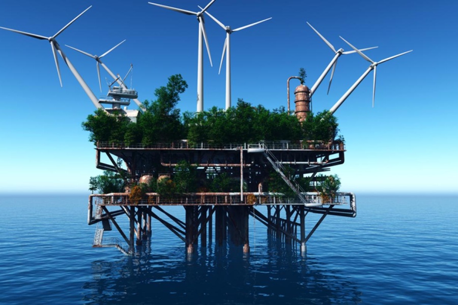 En ombygd, rusten havplattform ute på åpent hav, dekket av trær og vegetasjon, med flere store vindturbiner montert rundt strukturen under en klar blå himmel.