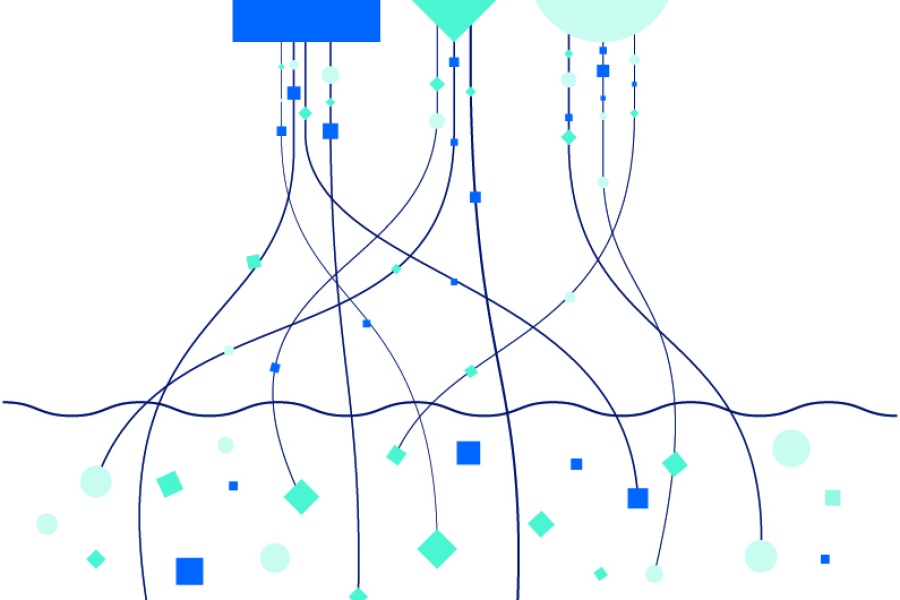 Grafisk illustrasjon med geometriske former koblet sammen av linjer, som symboliserer dynamisk datadeling og samarbeid mellom aktører.