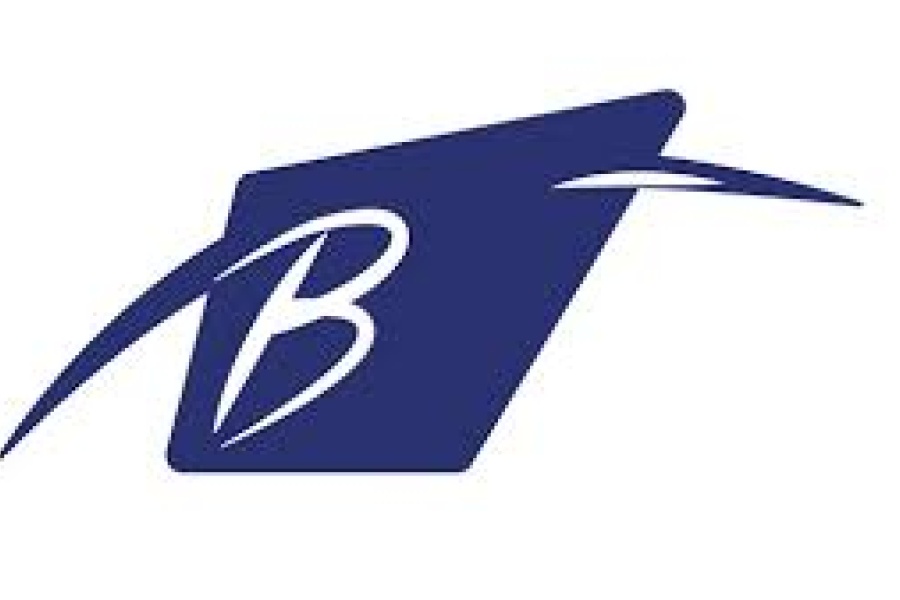 Stilisert blått symbol bestående av en dynamisk kantet form med en sveipende linje over, som danner en kursiv bokstav «B».