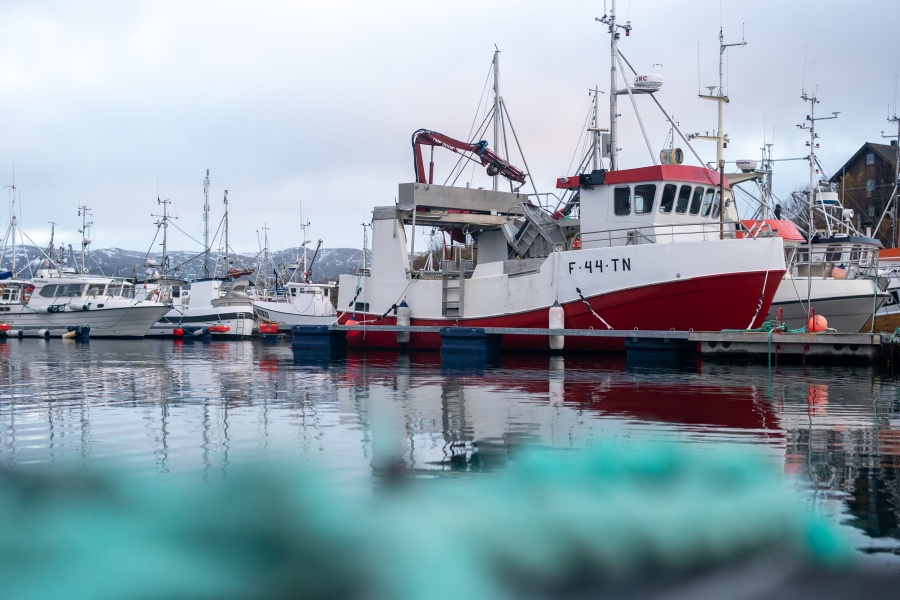 Flere fiskebåter ligger fortøyd ved en kai i en liten havn på en overskyet dag. En rød og hvit arbeidsbåt med kran dominerer forgrunnen, med speilbilde i det rolige vannet. I bakgrunnen sees flere båter og snødekte fjell.