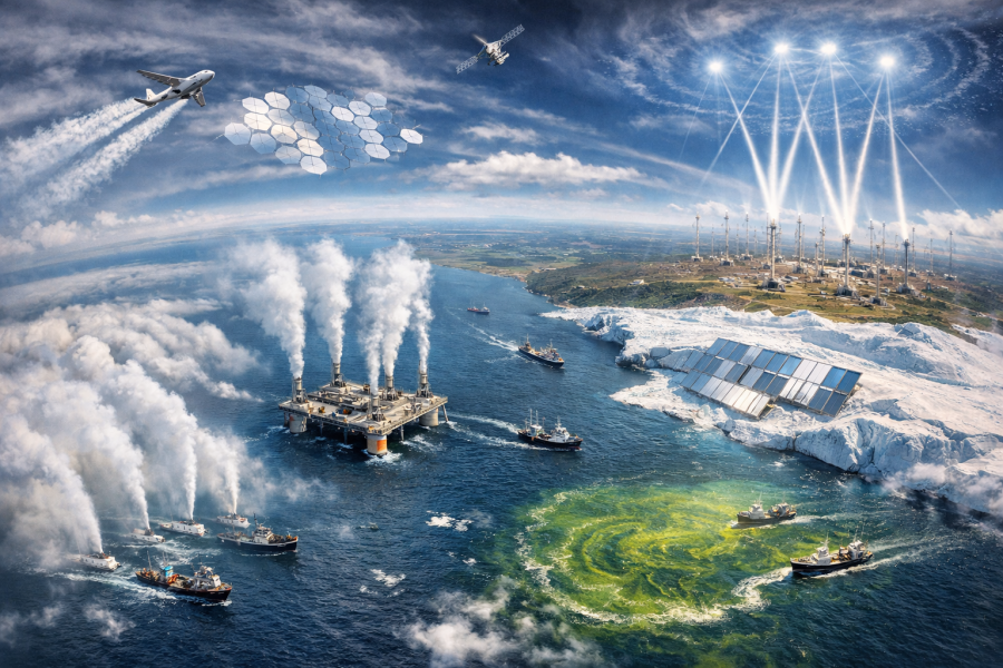 Konseptillustrasjon av geoengineering: fly sprayer partikler, skip skaper skyer, havgjødsling, romspeil og antenner som påvirker atmosfæren i et futuristisk klimascenario.