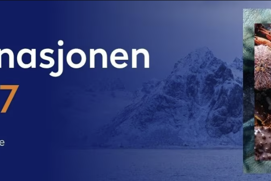 Header med teksten 'Sjømatnasjonen Norge 27'. Fjell i bakgrunnen. En liten fiskecollage i høyre hjørne. 