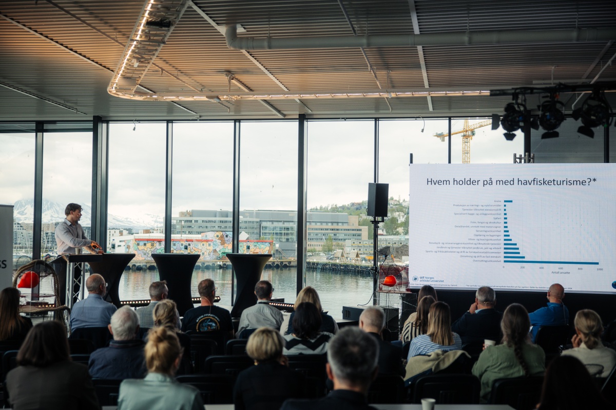 En foredragsholder presenterer data på en stor skjerm med tittelen "Hvem holder på med havfisketurisme?" foran et publikum. Presentasjonen foregår i et rom med store vinduer og utsikt mot sjø og bygninger i bakgrunnen. 