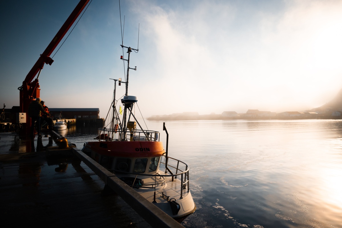 Båt ligger til kai i en liten havn i lavt sollys.