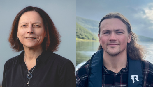 To portretter side om side: en kvinne i mørk skjorte foran nøytral bakgrunn, og en mann med langt hår og redningsvest ute ved sjøen.