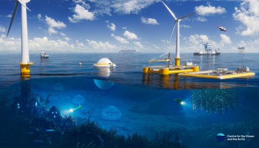 Illustrasjon av et havområde med flytende vindturbiner, skip, plattformer og undervannsaktivitet. Over vannet sees offshore vindkraft, fartøy, helikopter og energiplattformer. Under vann er det marint liv med fisk, oppdrettsbur, undervannsdroner og sjøplanter. Bildet viser samspillet mellom fornybar energi, havbruk og marin teknologi.