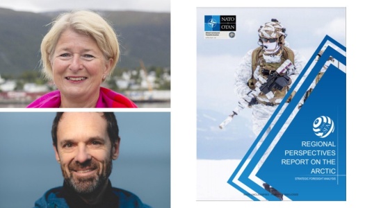 Kollasj med to portretter og en rapportforside: en kvinne som smiler, en mann med skjegg, og en NATO-rapport med bilde av en soldat i vinteruniform.