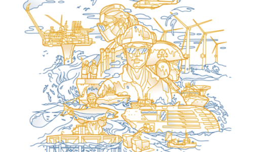 Stilisert linjetegning i blått og gult som viser ulike havnæringer. Motivet inkluderer arbeidere med verneutstyr, offshore oljeplattform, vindturbiner til havs, skip, helikopter, oppdrettsanlegg, fisk, dykkere og undervannsteknologi. Bildet symboliserer mangfoldet av aktivitet og teknologi knyttet til havet.