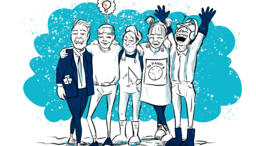 Tegning av fem personer som står sammen med armene rundt hverandre. De representerer ulike roller: en person i dress, en idrettsutøver, en fisker, en aktivist med t-skjorten 'No Planet B', og en ungdom med hodetelefoner. Alle smiler og viser samhold, med en lyspære i en tankeboble over hodene som symboliserer en felles idé.