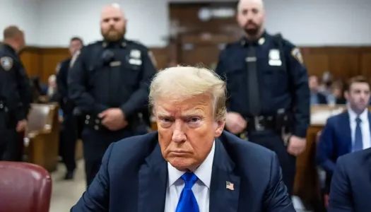 En mann i dress sitter foran i en rettssal, med politibetjenter stående bak seg.