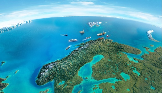 Illustrasjon av Nordkalotten og Arktis sett fra verdensrommet. I havområdene utenfor Norge og Svalbard sees skip, cruisefartøy, oljeplattformer og helikoptre, omgitt av blått hav og iskanter i nord.