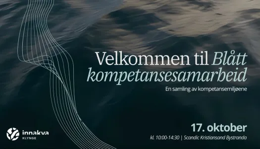 Reklamebilde for arrangementet «Blått kompetansesamarbeid – En samling av kompetansemiljøene», arrangert av InnaKva-klyngen. Teksten står over et bakgrunnsbilde av mørkeblå havbølger, med datoen 17. oktober og tid og sted oppgitt som kl. 10:00–14:30 på Scandic Kristiansand Bystranda.