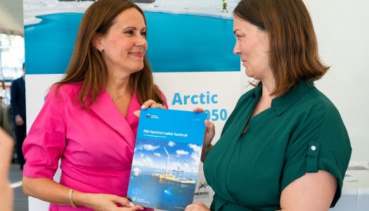 To kvinner holder rapporten mellom seg. Fiskeri- og havministeren ikledd rosa kjole og Sigri Stokke Nilsen ikledd grønn kjole. Begge har brunt hår. 