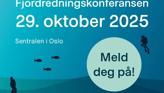 Reklameplakat for Fjordredningskonferansen 2025, som finner sted 29. oktober på Sentralen i Oslo. Bildet har et undervannstema med illustrasjoner av tang, fisk og en dykker, og teksten «Meld deg på!» står i en lys sirkel til høyre.