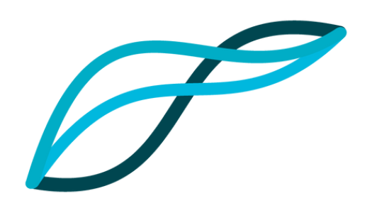 Logo bestående av to buede linjer i turkise nyanser som danner en dynamisk, bølgelignende form. Formen gir assosiasjoner til bevegelse, energi og samarbeid.