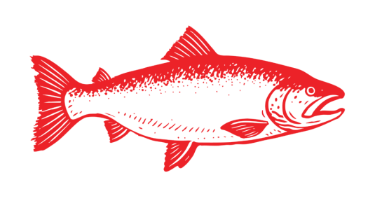 En illustrert fisk i rødt.