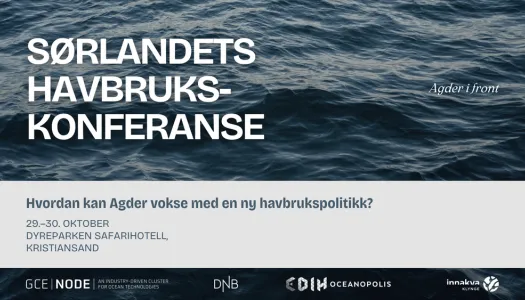 Reklamebilde for Sørlandets havbrukskonferanse med bakgrunn av mørkeblå havbølger. Teksten lyder «Hvordan kan Agder vokse med en ny havbrukspolitikk?» og arrangementet finner sted 29.–30. oktober på Dyreparken Safariparkhotell i Kristiansand. Nederst vises logoene til samarbeidspartnerne GCE NODE, DNB, CDIH og Innakva klynge.