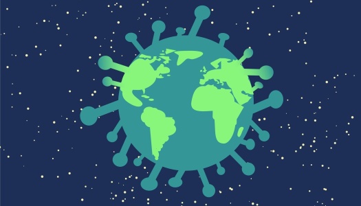 Illustrasjon av jordkloden fremstilt som et koronavirus, med verdens kontinenter synlige og omgitt av viruspigger mot en mørk stjernehimmel.