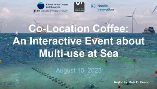 Illustrasjon av havområder med vindturbiner, oppdrettsanlegg og forskningsfartøy som viser sambruk til havs. Teksten «Co-Location Coffee: An Interactive Event about Multi-use at Sea» står over bildet, sammen med logoene til Senter for hav og Arktis, Sjávarklasinn og Nordic Innovation.