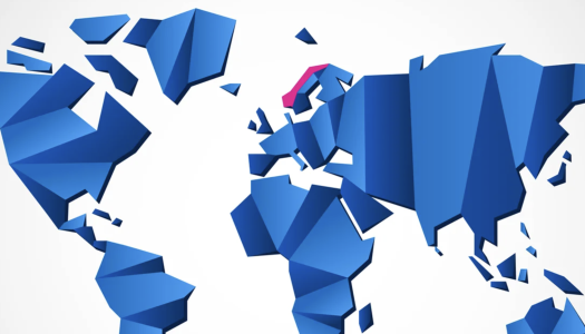 Et blått verdenskart, hvor norge er det eneste landet i rosa.