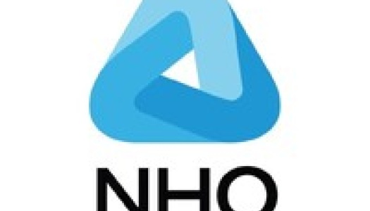Logo for NHO (Næringslivets Hovedorganisasjon) med et blått, trekantformet symbol over teksten «NHO».