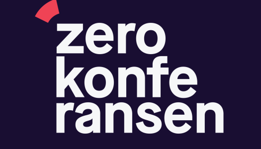 Logo for Zerokonferansen med teksten «zero konferansen» i store, hvite bokstaver på mørk bakgrunn. Over teksten vises et lite rødt segment.